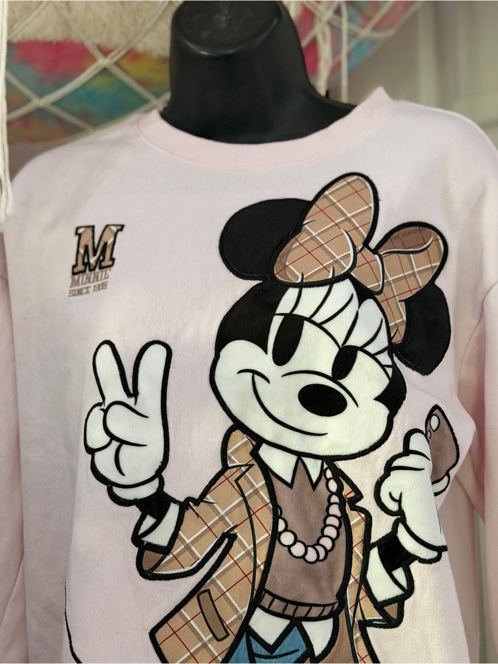 Disney Light Pink Minnie Mouse Plaid Accent Sweatshirt